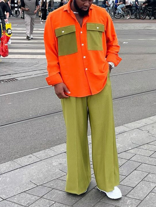 Orange And Olive Green Color-block Shirt With Wide-Leg Pants
