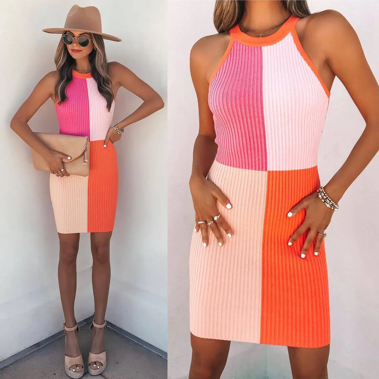 Sleeveless Wrap Hip Crew Neck Stretch Dress