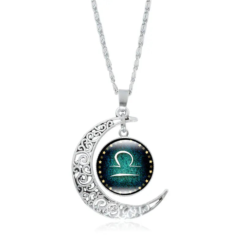Zodiac Time Gem Necklace with Silver Moon Pendant