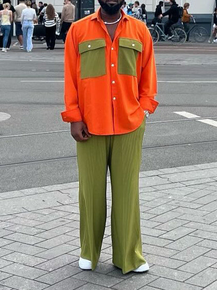 Orange And Olive Green Color-block Shirt With Wide-Leg Pants