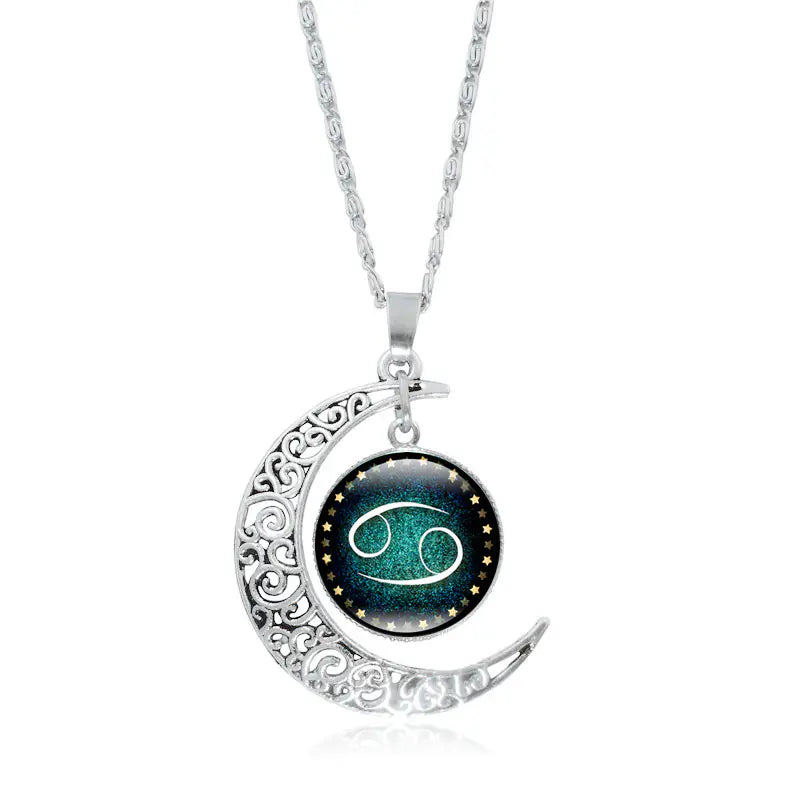 Zodiac Time Gem Necklace with Silver Moon Pendant