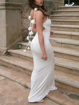 Skinny V-neck Dress with Solid Color Floral Design