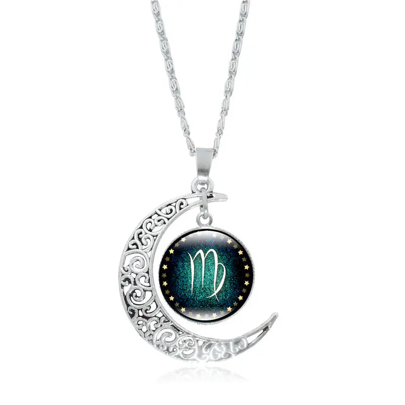 Zodiac Time Gem Necklace with Silver Moon Pendant