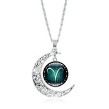 Zodiac Time Gem Necklace with Silver Moon Pendant