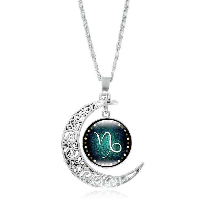 Zodiac Time Gem Necklace with Silver Moon Pendant