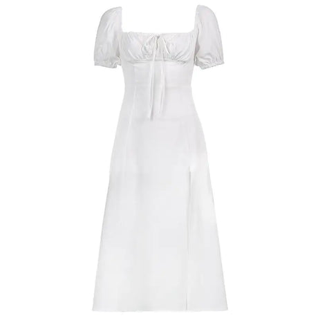 Square Neck Puff Sleeve Dress with High Slit