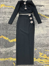 Hollow Diamond Long Sleeve Side Slit Dress