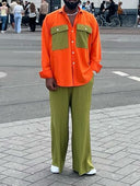 Orange And Olive Green Color-block Shirt With Wide-Leg Pants