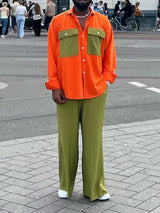 Orange And Olive Green Color-block Shirt With Wide-Leg Pants