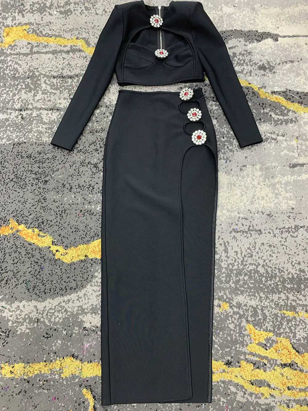 Hollow Diamond Long Sleeve Side Slit Dress