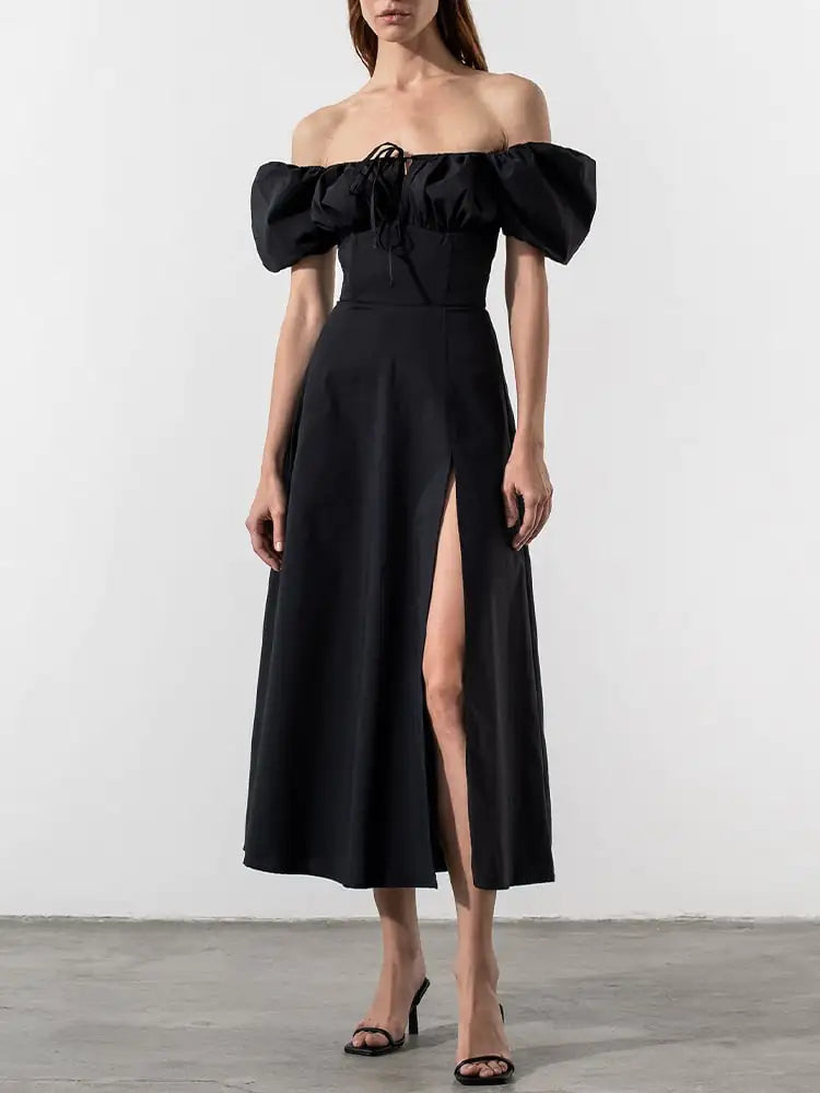 Square Neck Puff Sleeve Dress with High Slit