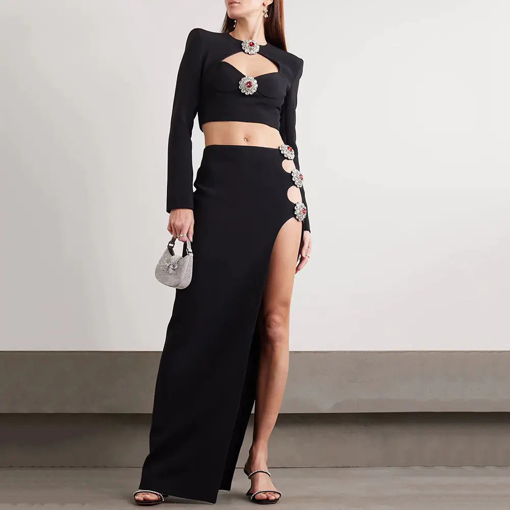 Hollow Diamond Long Sleeve Side Slit Dress