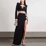 Hollow Diamond Long Sleeve Side Slit Dress