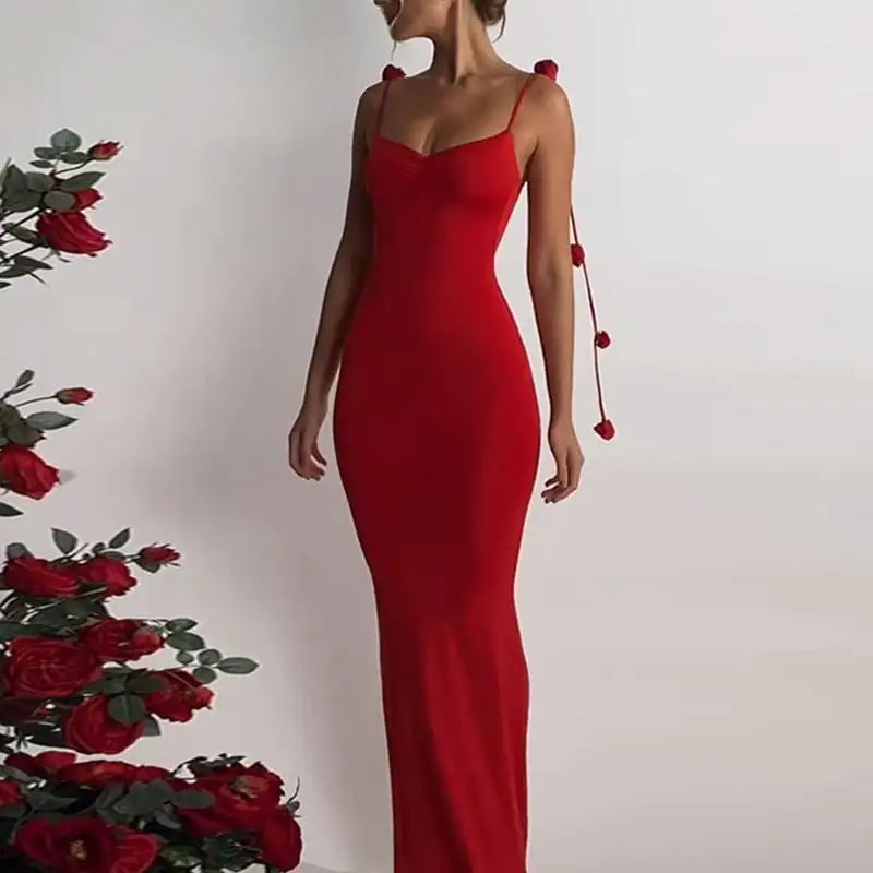 Skinny V-neck Dress with Solid Color Floral Design